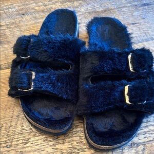 XOXO Navy Faux Fur Slide Sandals with Buckles